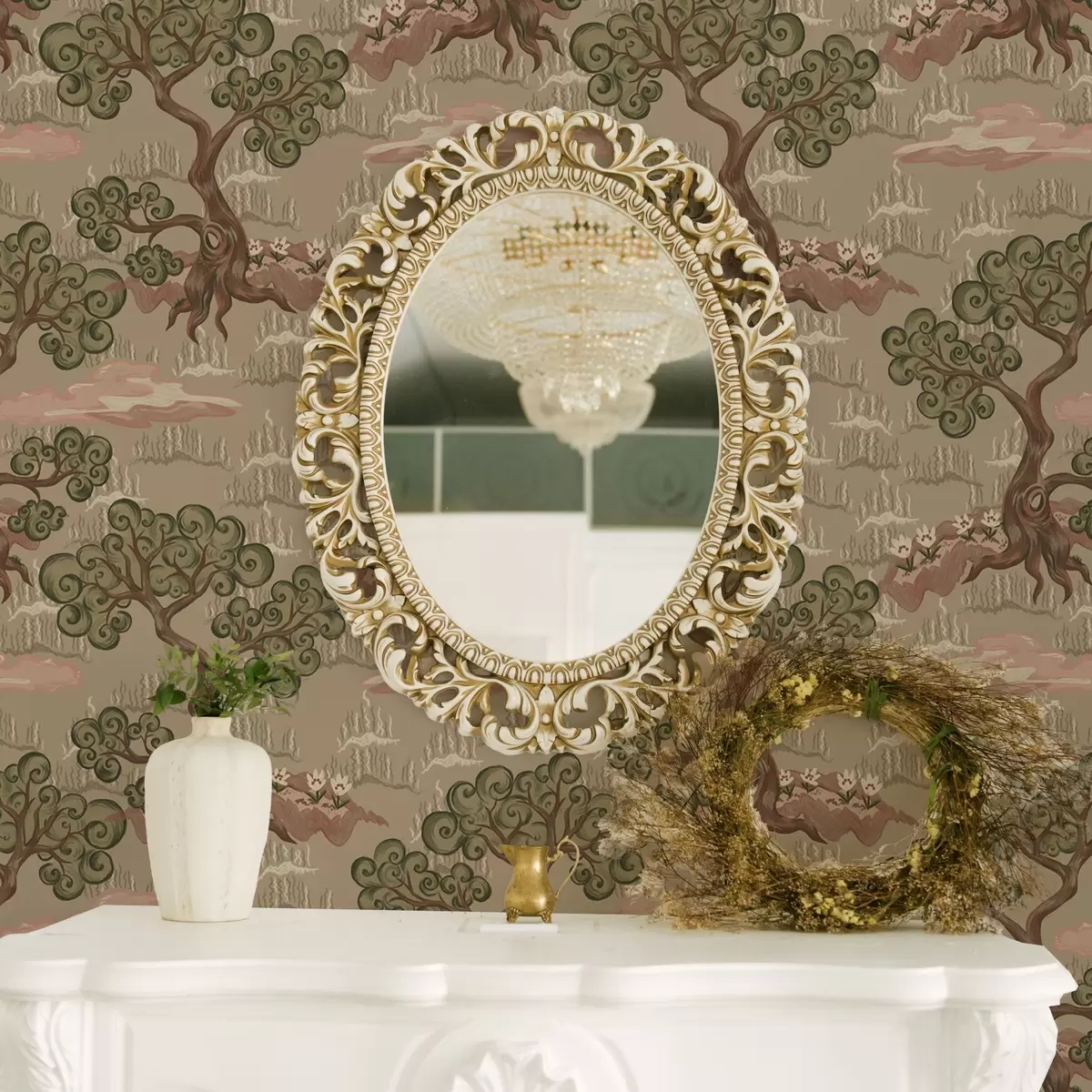 Tapetes Austrumu ainava ar kaprīziem kokiem uz smilšaina fona a00715