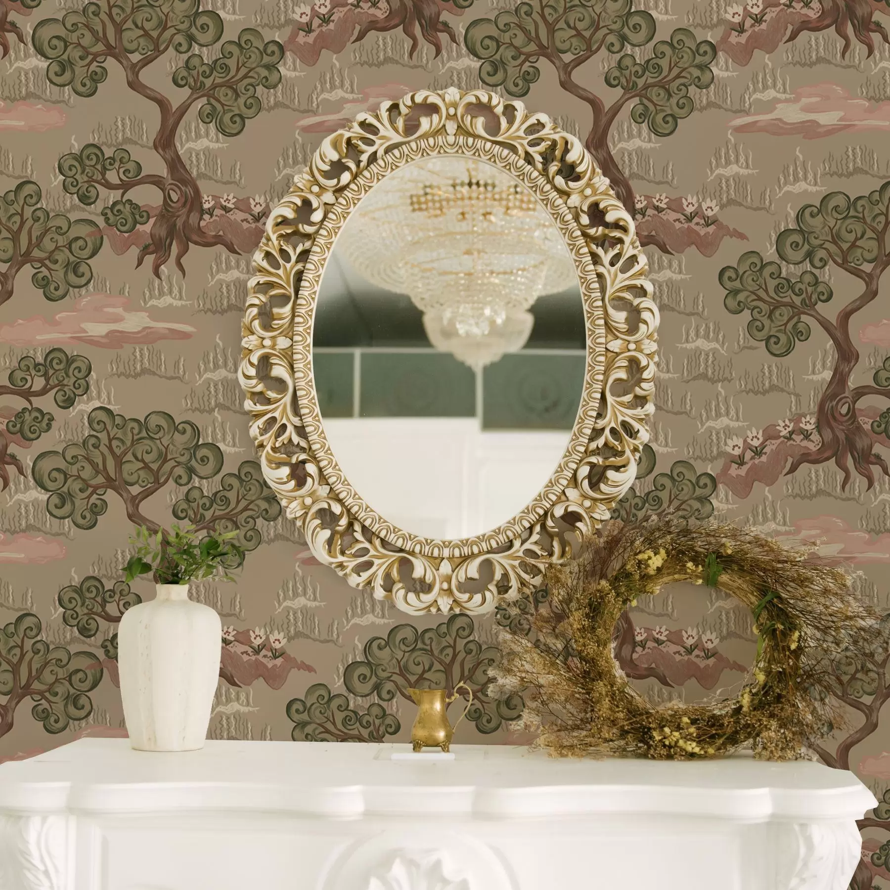 Fototapetes Austrumu ainava ar kaprīziem kokiem uz smilšaina fona a00715