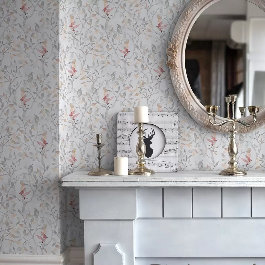 Fototapetes Gaišas zaras ar lapām un putniem persiku toņos a00716