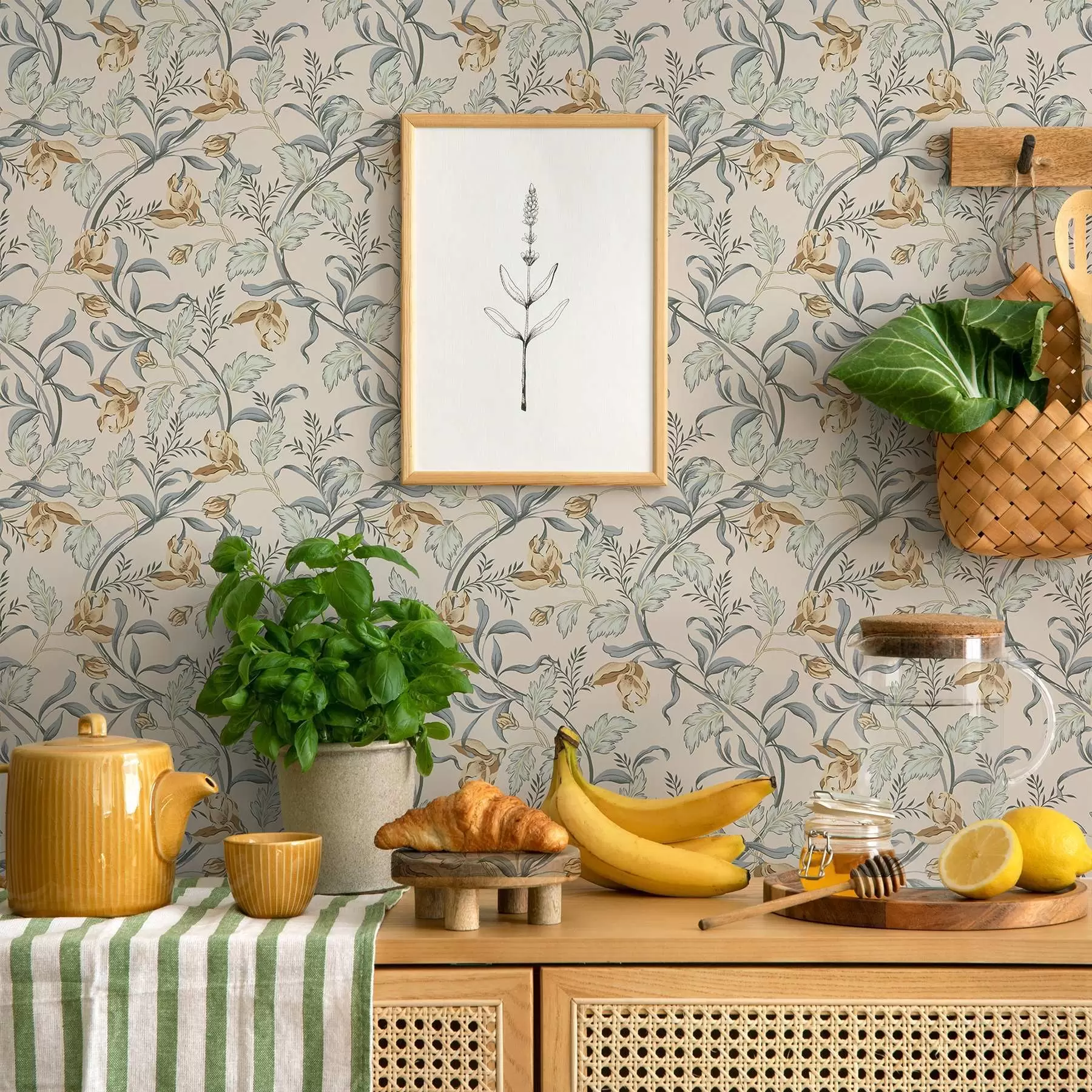 Fototapetes Vintage ziedi ar zilu lapotni uz krēmkrāsas fona a00717