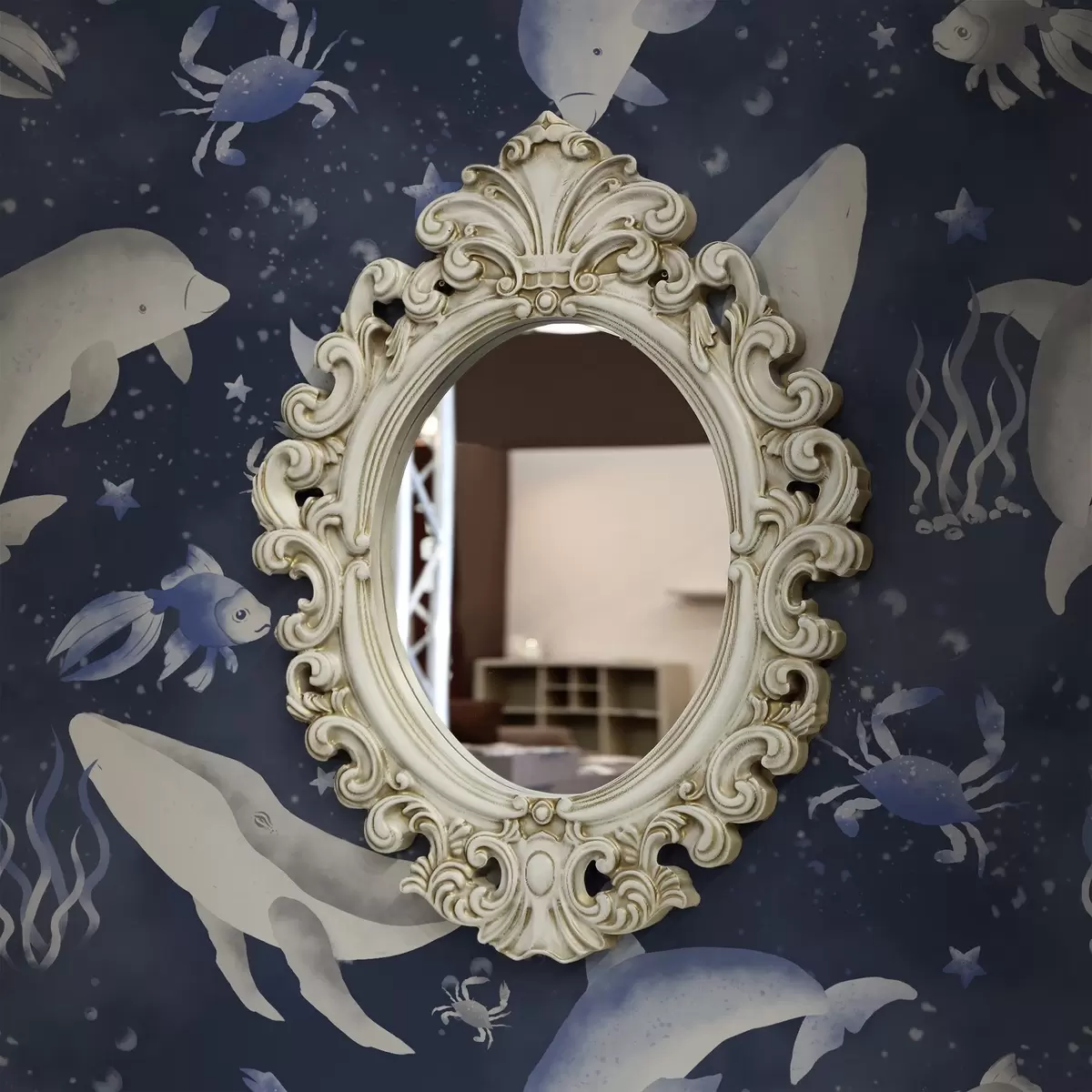 Tapetes Jūras vaļi, delfīni un krabji uz tumši zila fona a00720