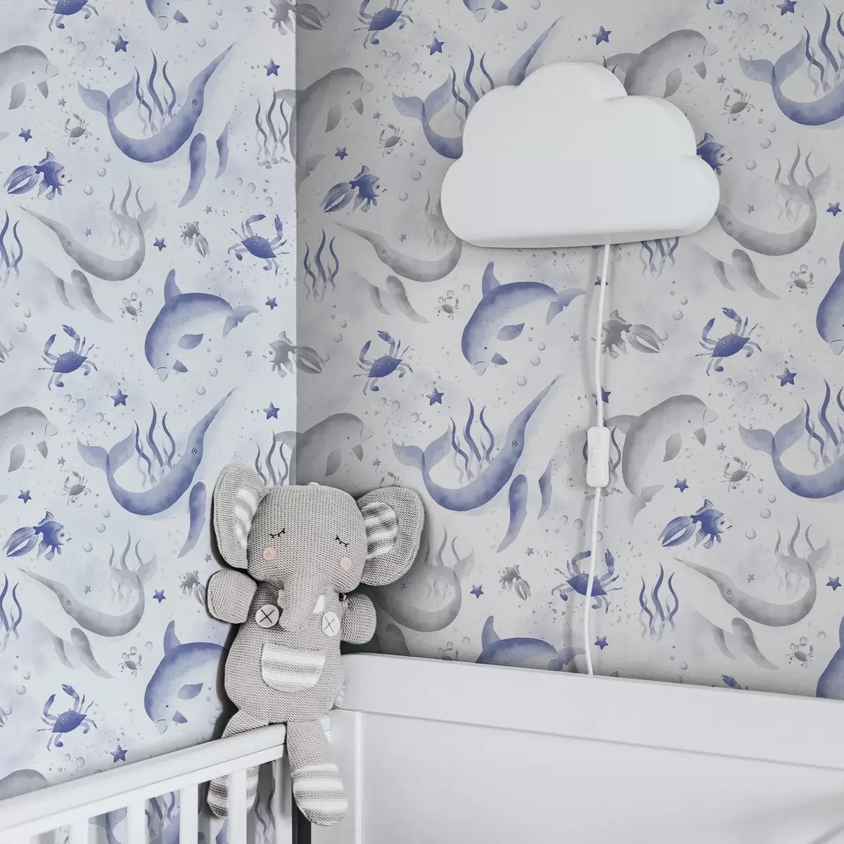 Tapetes Jūras vaļi un delfīni zilos toņos uz balta fona a00720v1