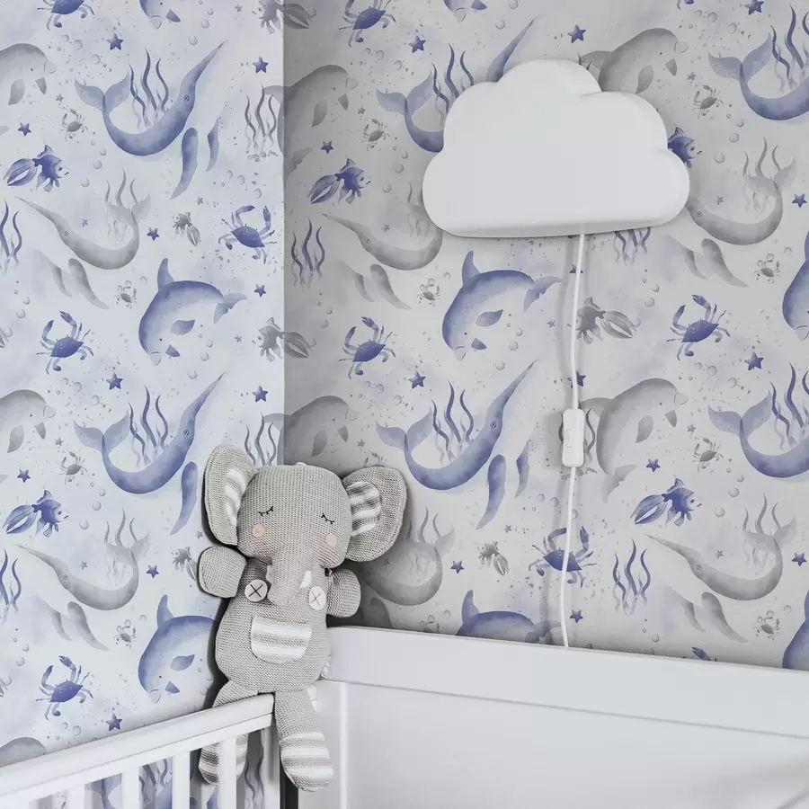 Fototapetes Jūras vaļi un delfīni zilos toņos uz balta fona a00720v1