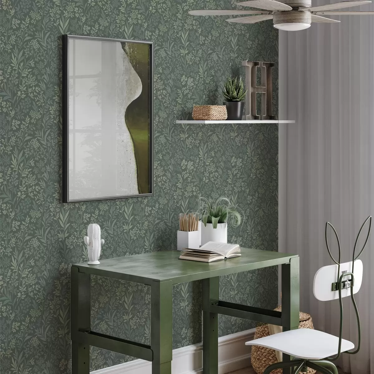 Tapetes Smaragda zaļas zāles un ogas, smalks botānisks raksts a00740