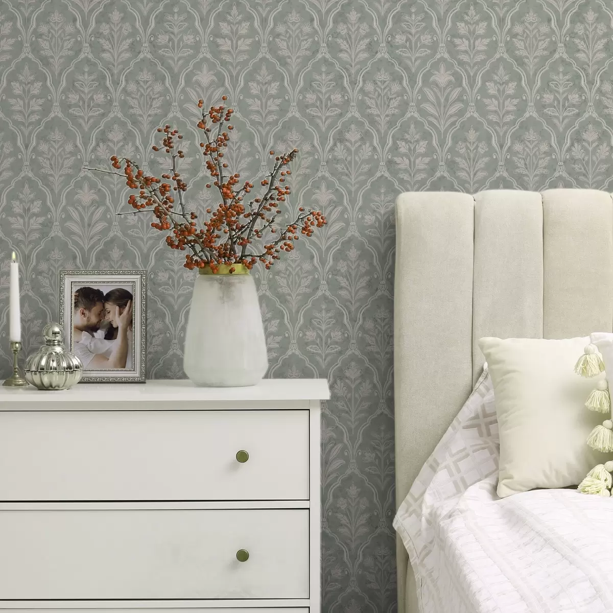 Tapetes Mint damask ar smalkiem ziedu medaljoniem a00741