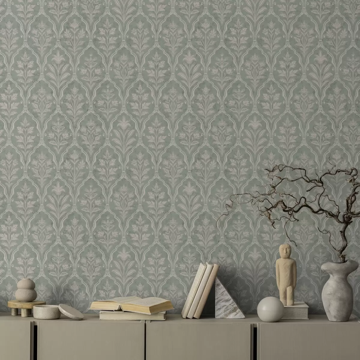 Tapetes Mint damask ar smalkiem ziedu medaljoniem a00741
