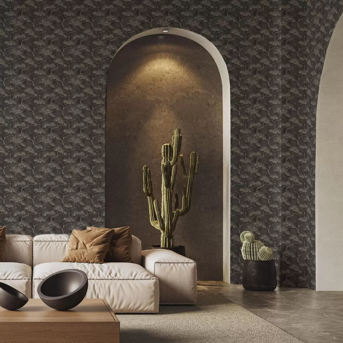 Tapetes Priežu silueti uz tumša fona, miglaina tekstūra a00742