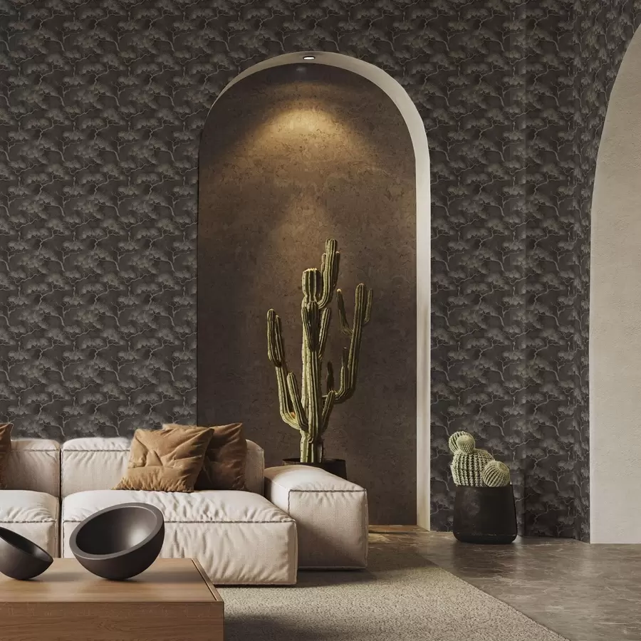 Fototapetes Priežu silueti uz tumša fona, miglaina tekstūra a00742