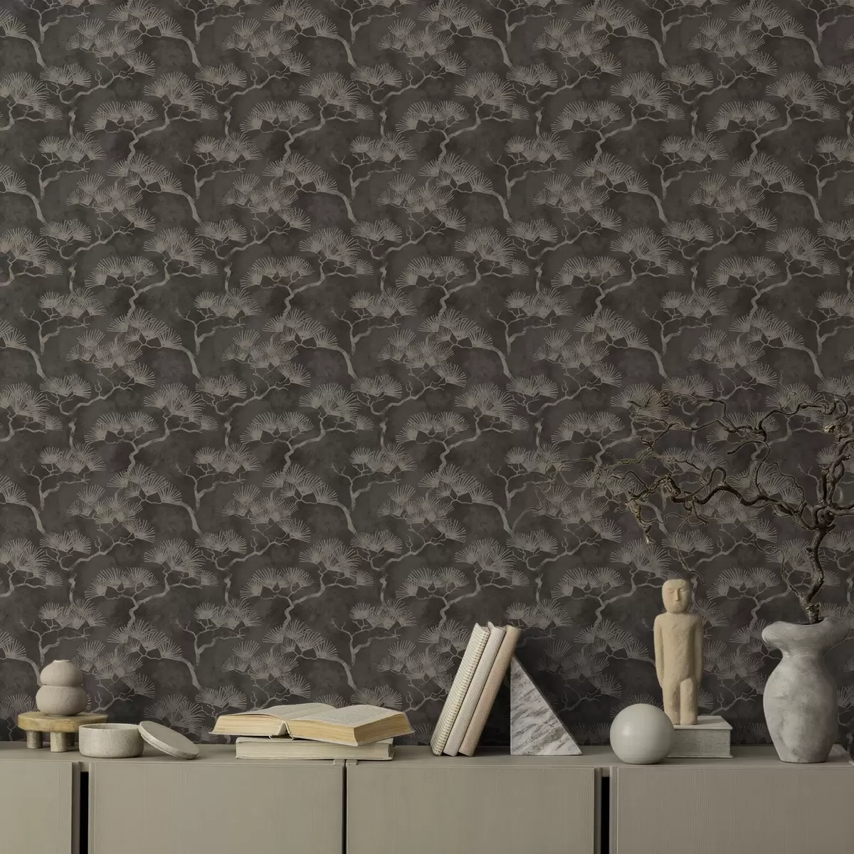 Tapetes Priežu silueti uz tumša fona, miglaina tekstūra a00742