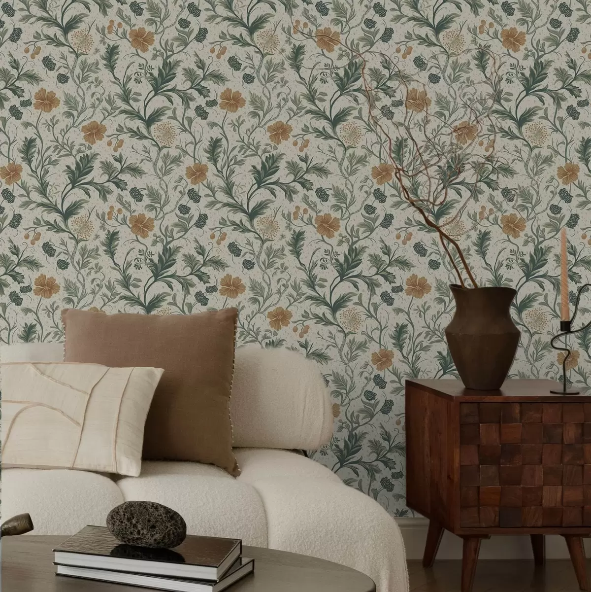 Tapetes Plānas zaras ar ziediem un ogām uz graudainā fona a00744