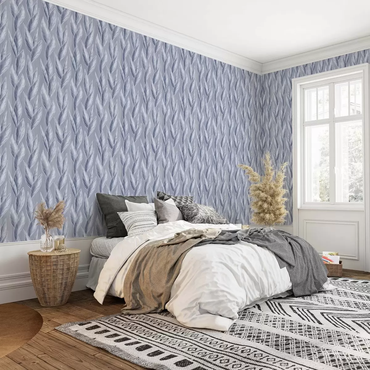 Tapetes Sudraba zilas lapas uz pelēkā fona, grafisks raksts a00627