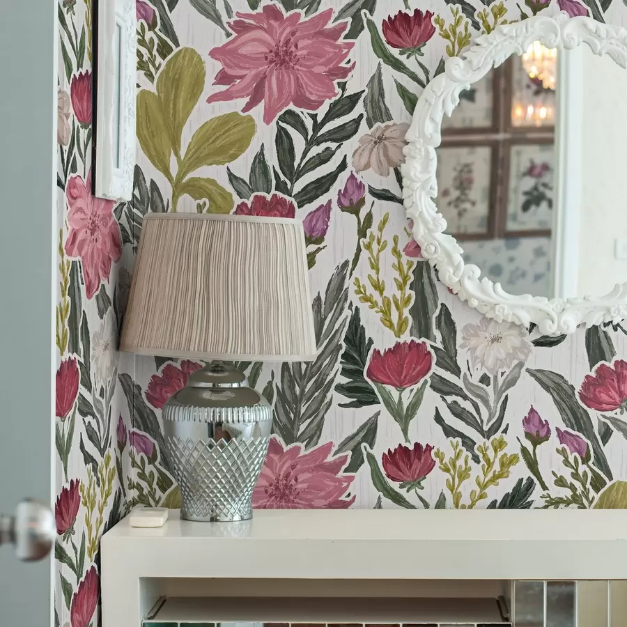 Fototapetes Krāšņi rozā un krēmkrāsas ziedi uz balta fona, pastozas tekstūras a00629v1