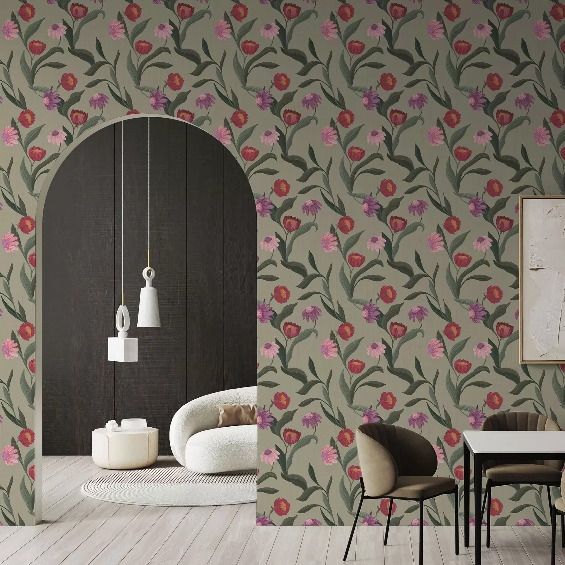 Fototapetes Rozā-sarkanas puķes uz olīvu fona, audekla tekstūra a00631v1