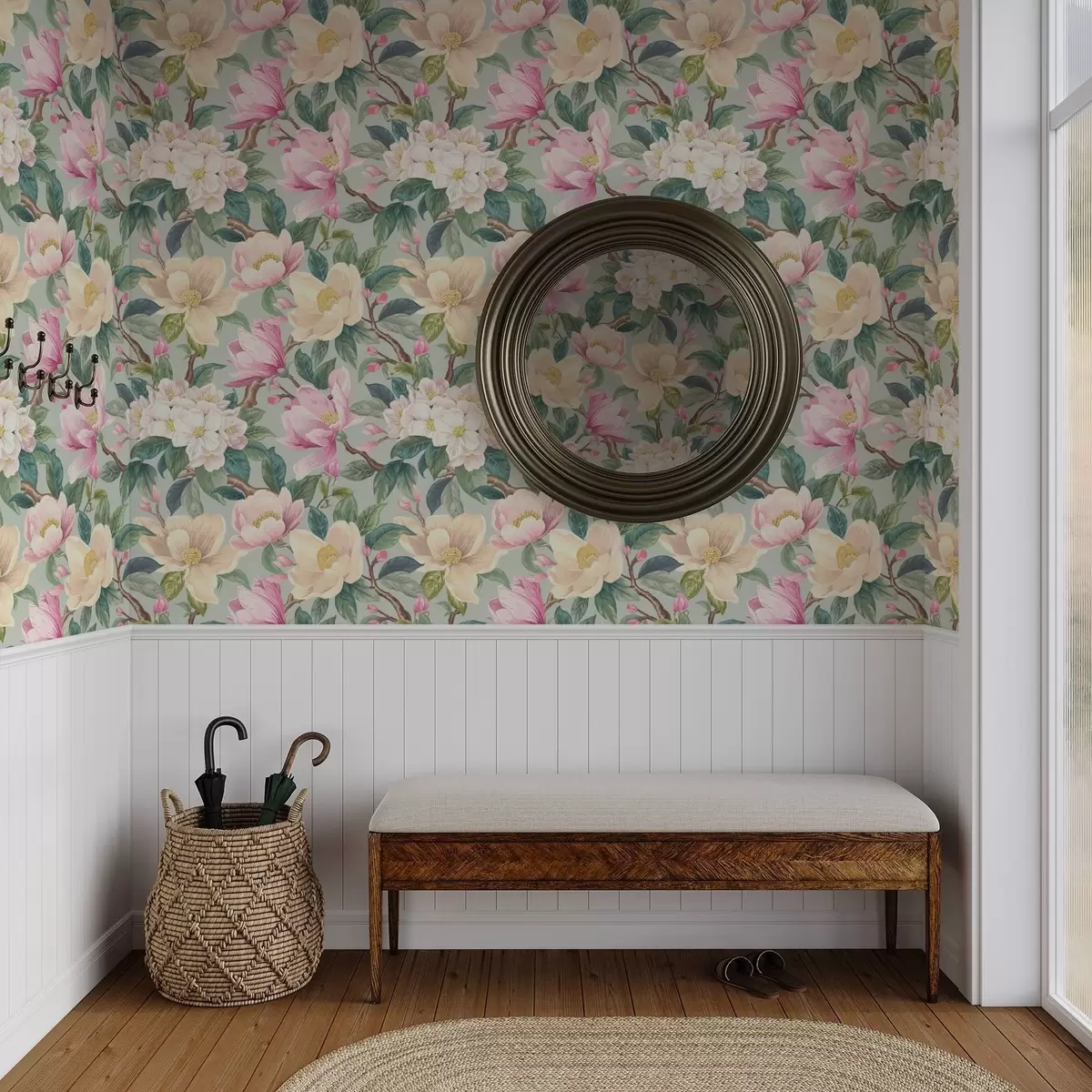 Tapetes Magnolijas un baltas ziedlapiņas uz mīkstā pelēkā fona a00644