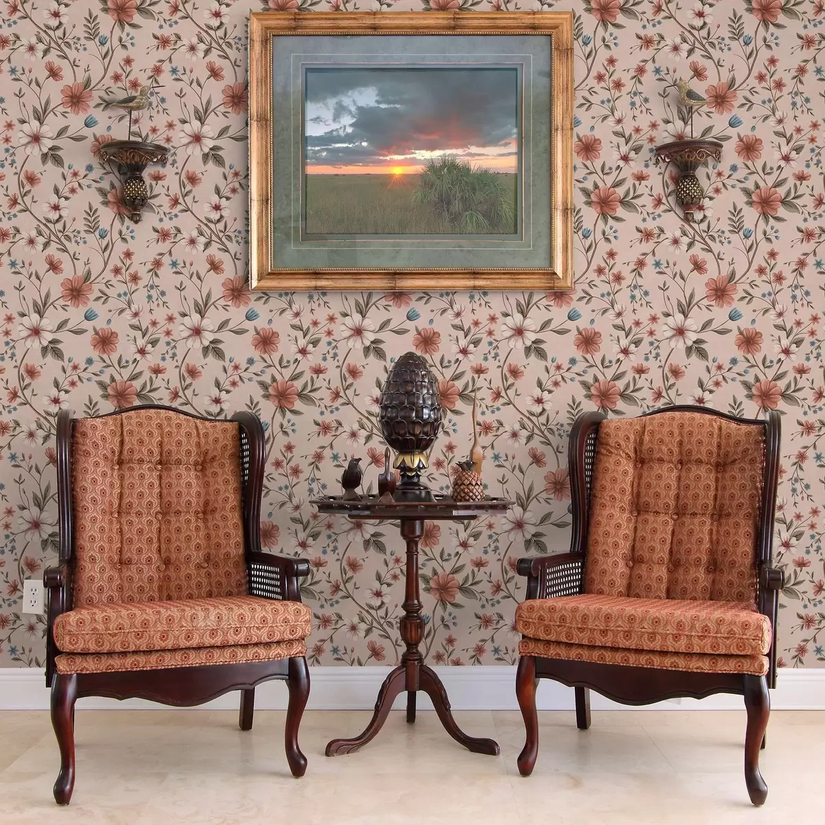 Tapetes Rozā-koraļļu ziedi un lapas uz putekļainā rozā fona a00667