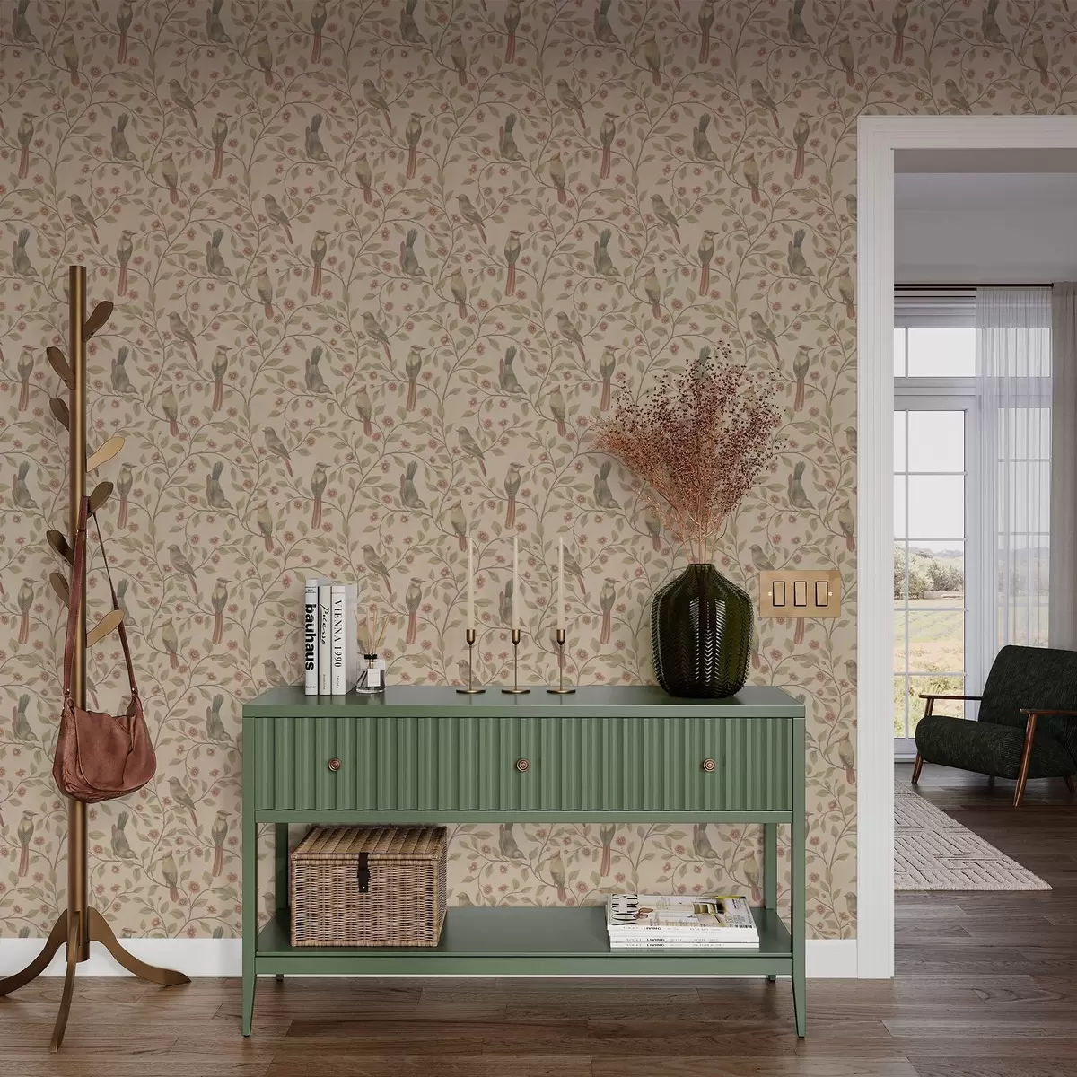 Tapetes Putni uz ziedošiem zariem, silts smilškrāsas fons a00670