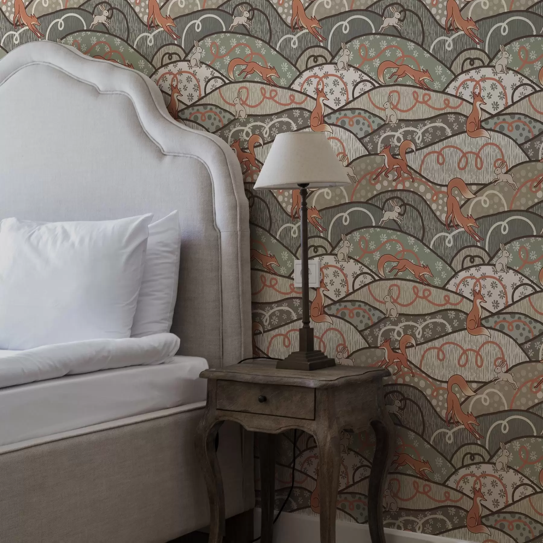 Fototapetes Lapsas un zaķi uz viļņotiem pakalniem, retro raksts a00690