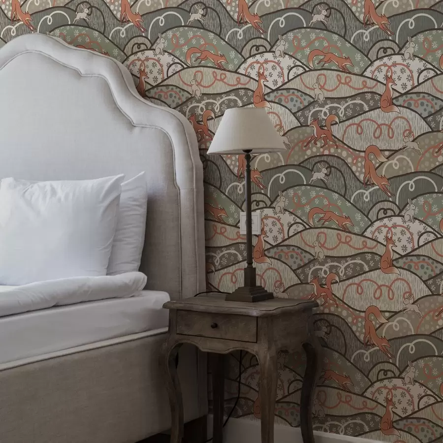 Fototapetes Lapsas un zaķi uz viļņotiem pakalniem, retro raksts a00690