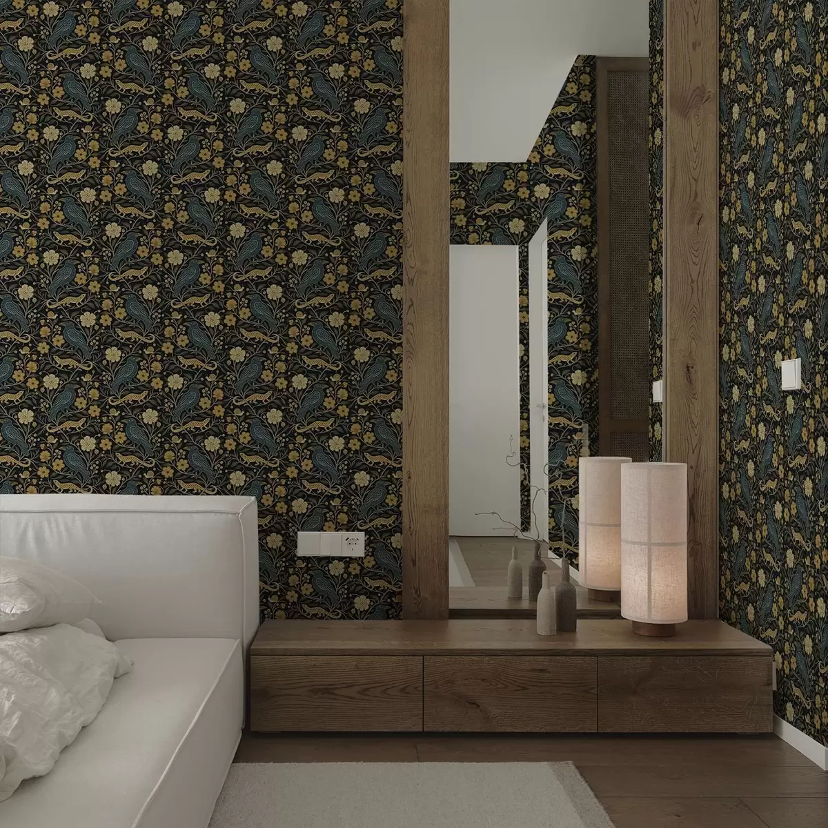 Tapetes Putni, ķirzakas un gliemeži starp ziediem uz tumša fona a00691