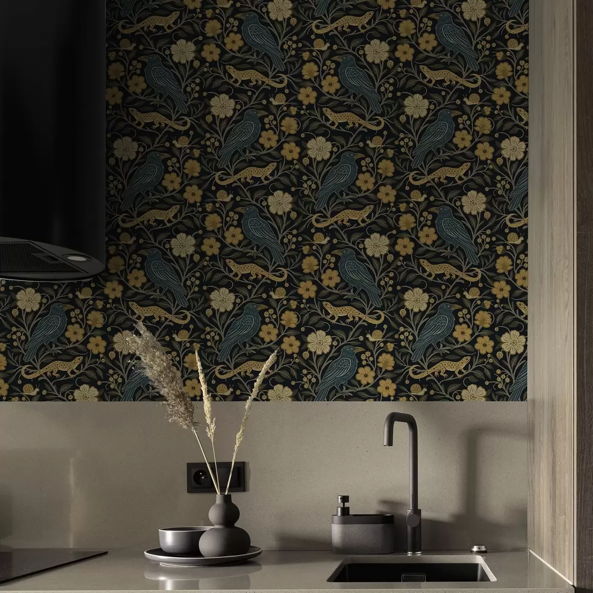 Tapetes Putni, ķirzakas un gliemeži starp ziediem uz tumša fona a00691