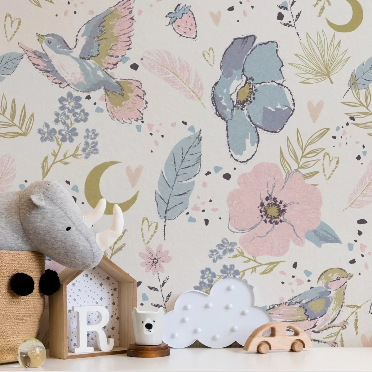 Tapetes Pastelkrāsas putni un ziedi ar pusmēness uz balta fona a00721