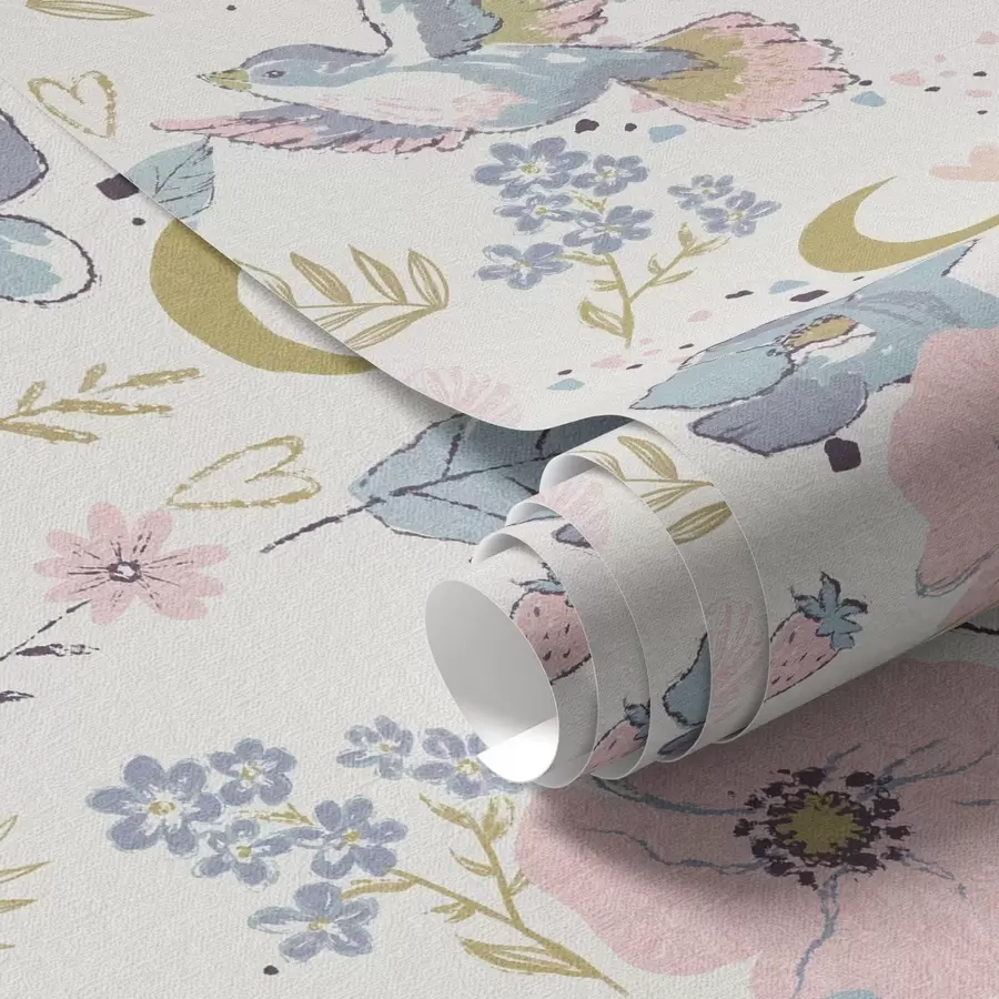 Fototapetes Pastelkrāsas putni un ziedi ar pusmēness uz balta fona a00721