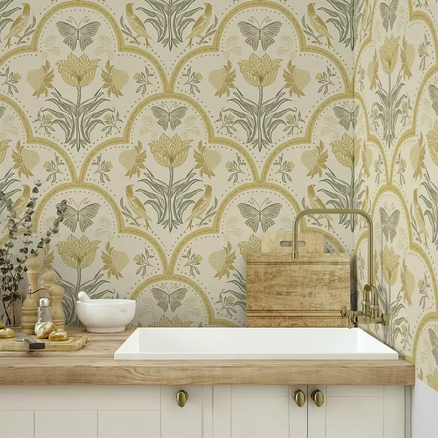 Fototapetes Ornaments ar tulpi, putniem un tauriņiem, okers a00722