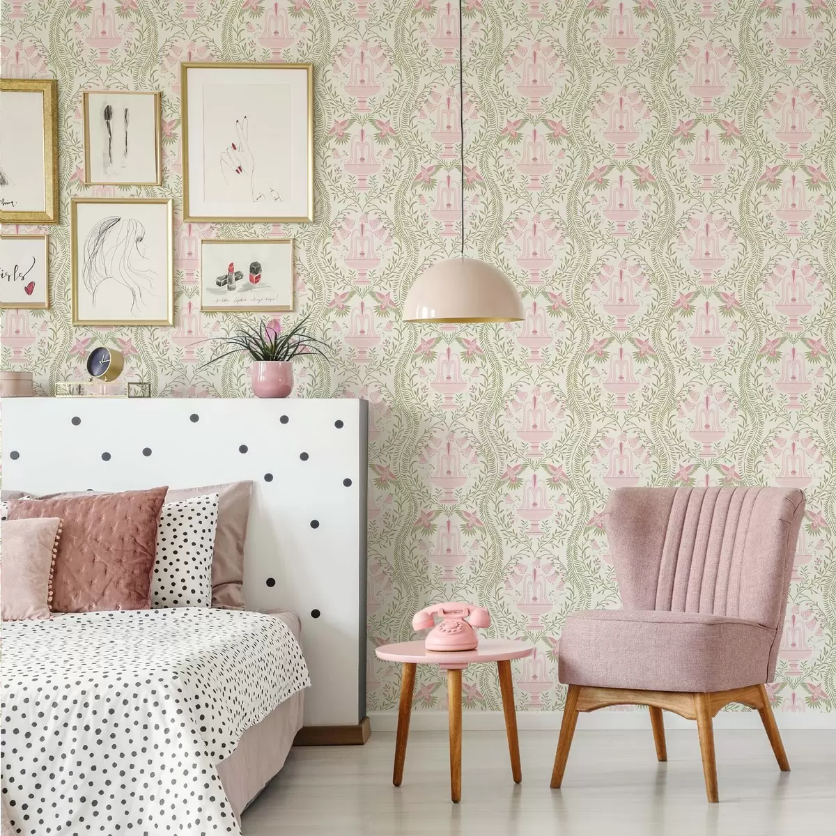 Tapetes Strūklakas, kolibri un zaļas spirāles uz gaiša fona a00723