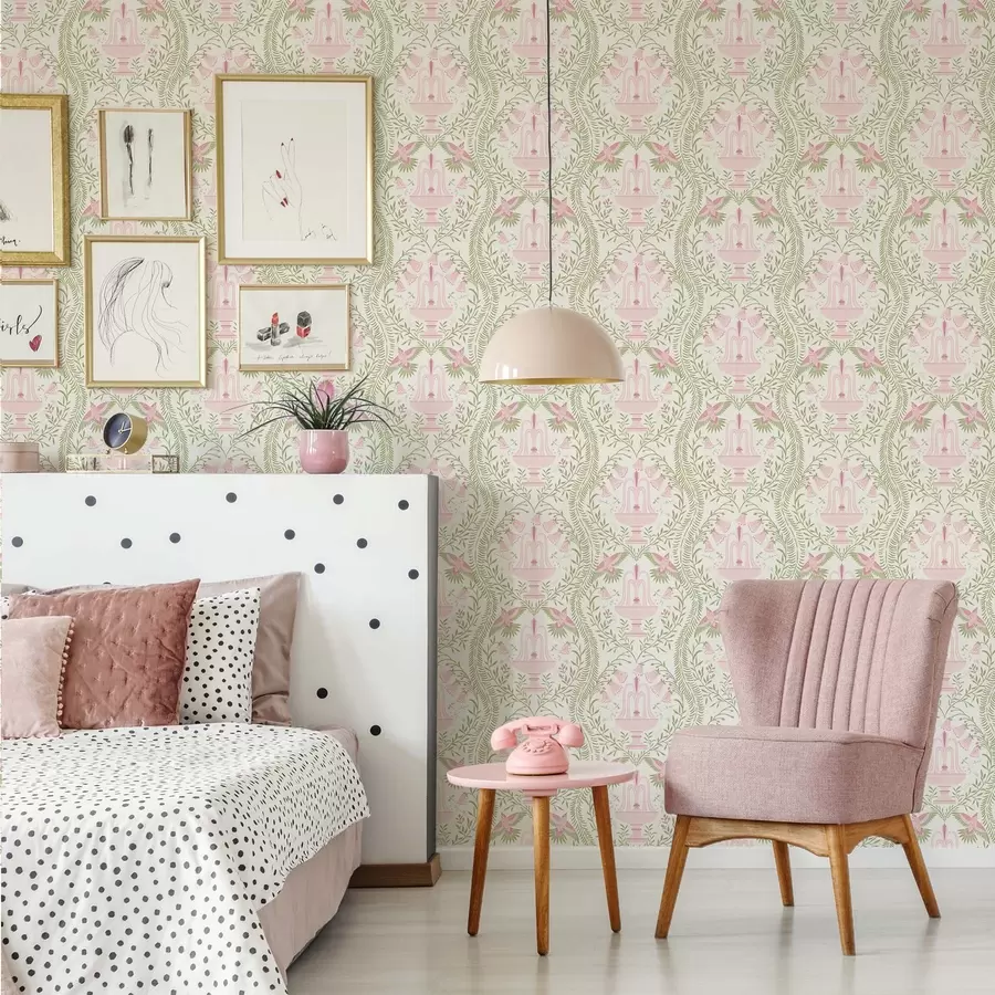 Fototapetes Strūklakas, kolibri un zaļas spirāles uz gaiša fona a00723