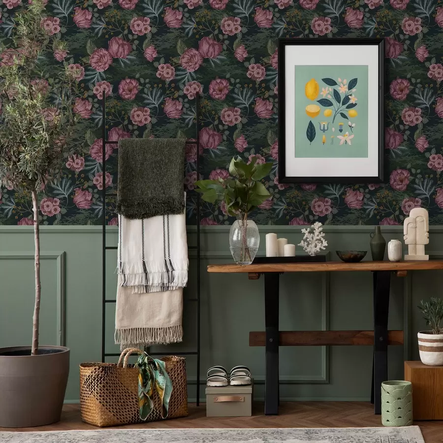 Fototapetes Tumša flora ar rozā ziediem un lapām, tumšs fons a00724