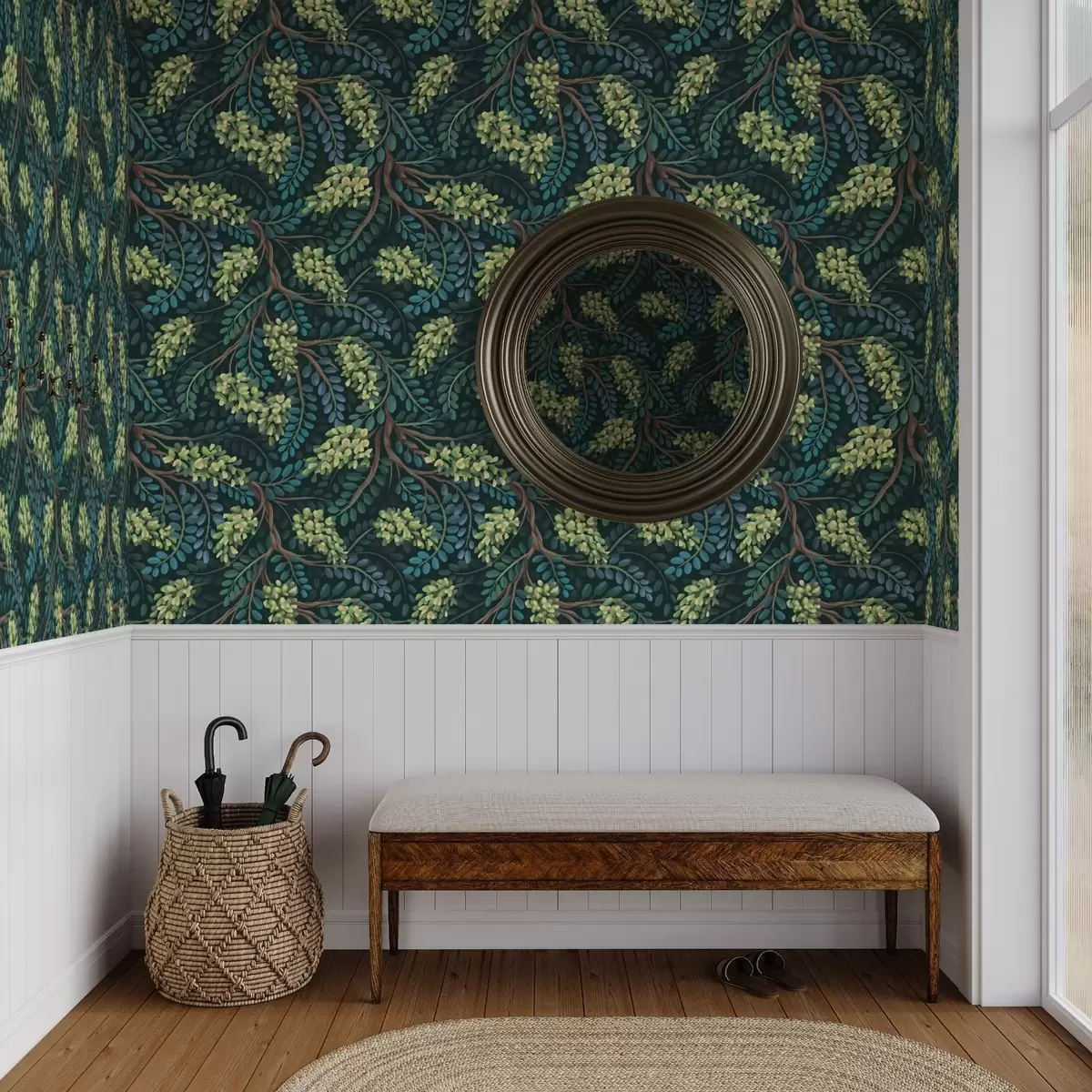 Tapetes Zari ar zaļganiem ziedkopām uz tumša fona a00786