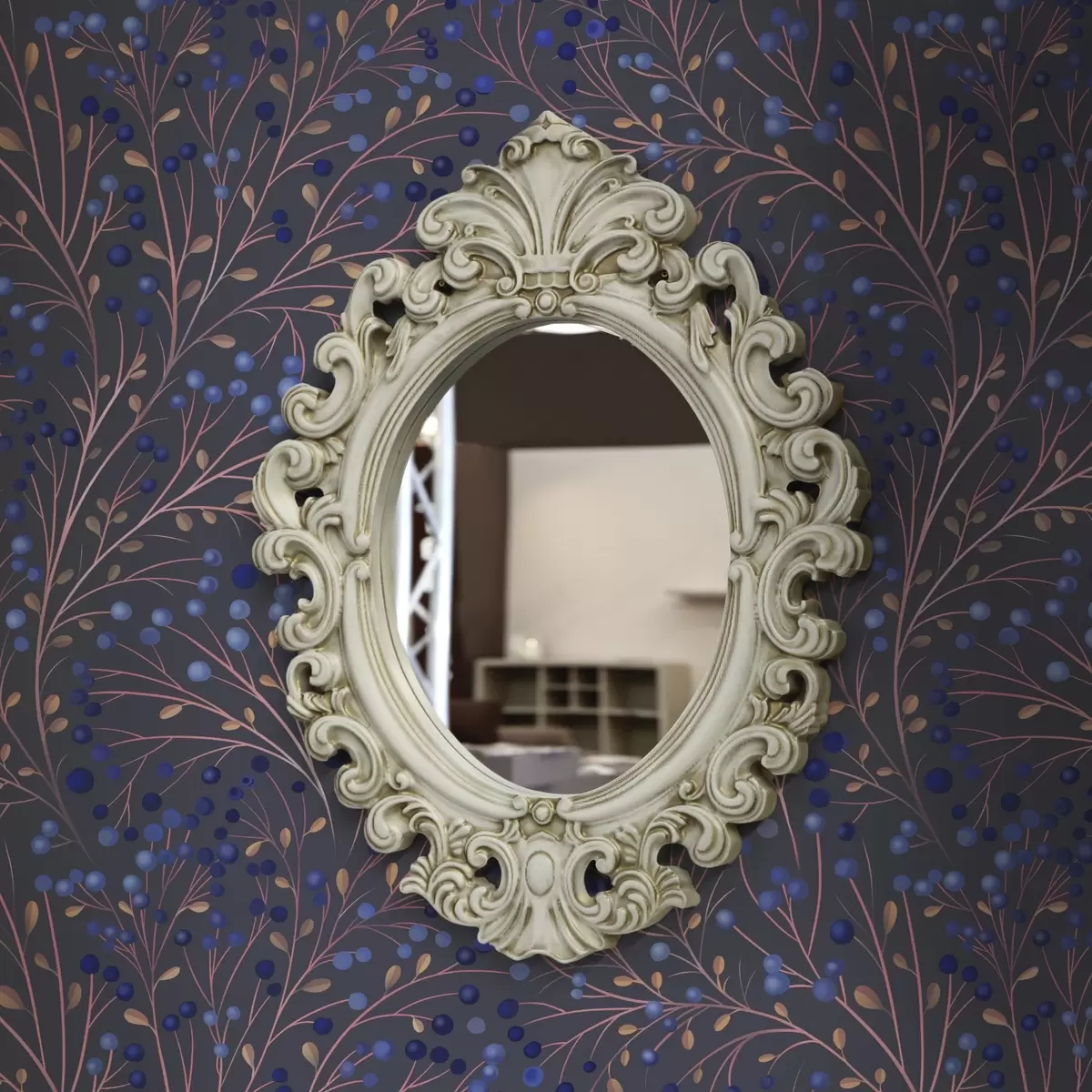 Tapetes Rozā-brūnas zaras un zilas ogas uz grafīta fona a00787