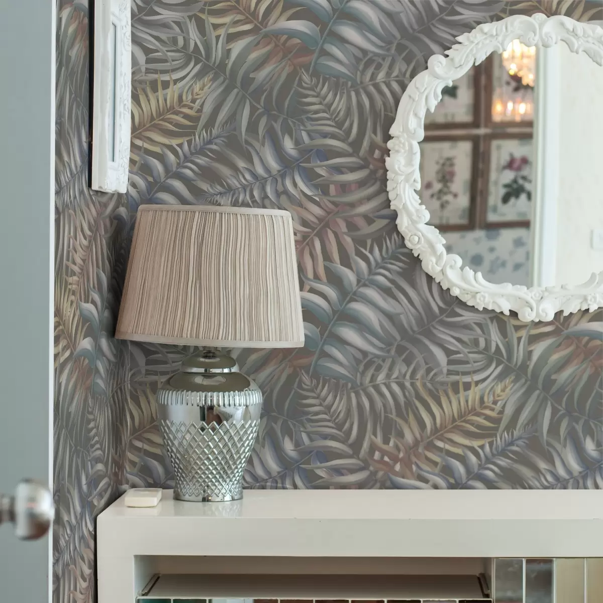 Tapetes Kārtu palmu lapas klusinātos toņos a00789