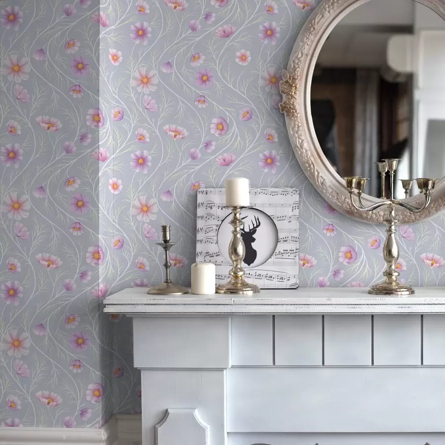 Fototapetes Rozā kosmos un slaidi stublāji uz pelēka fona a00791