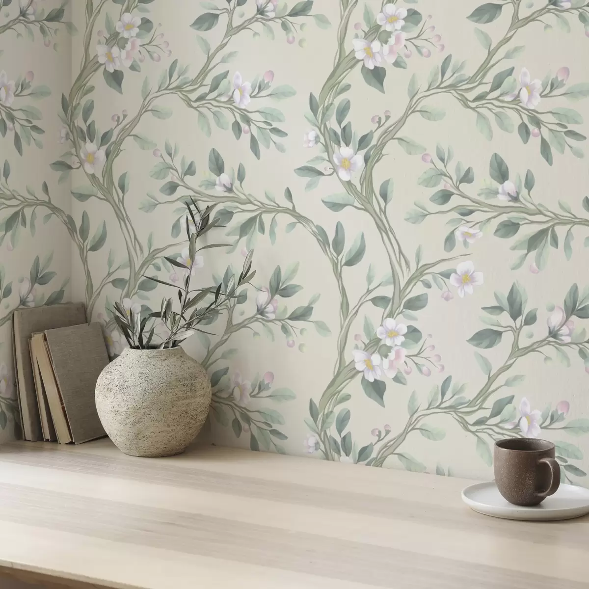 Tapetes Delikāti ziedošie zari uz krēmkrāsas fona, pasteļtoņos a00793
