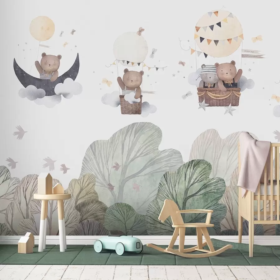 Fototapetes Akvareļu stilā baloni ar lāčiem virs meža w09437