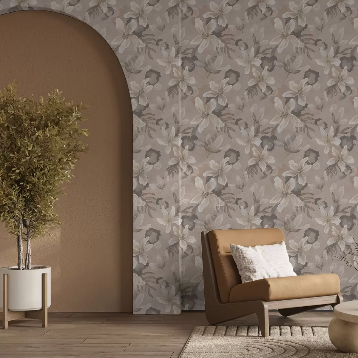 Tapetes Lieli smilškrāsas ziedi ar abstraktiem akvareļu plankumiem a00635