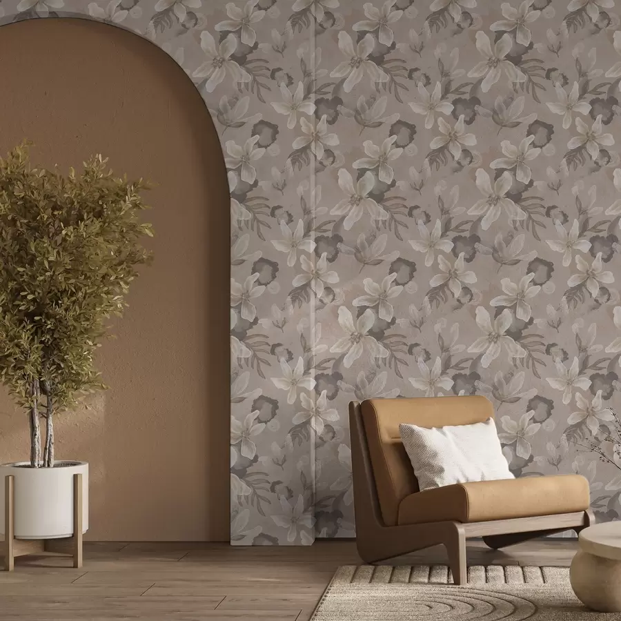 Fototapetes Lieli smilškrāsas ziedi ar abstraktiem akvareļu plankumiem a00635