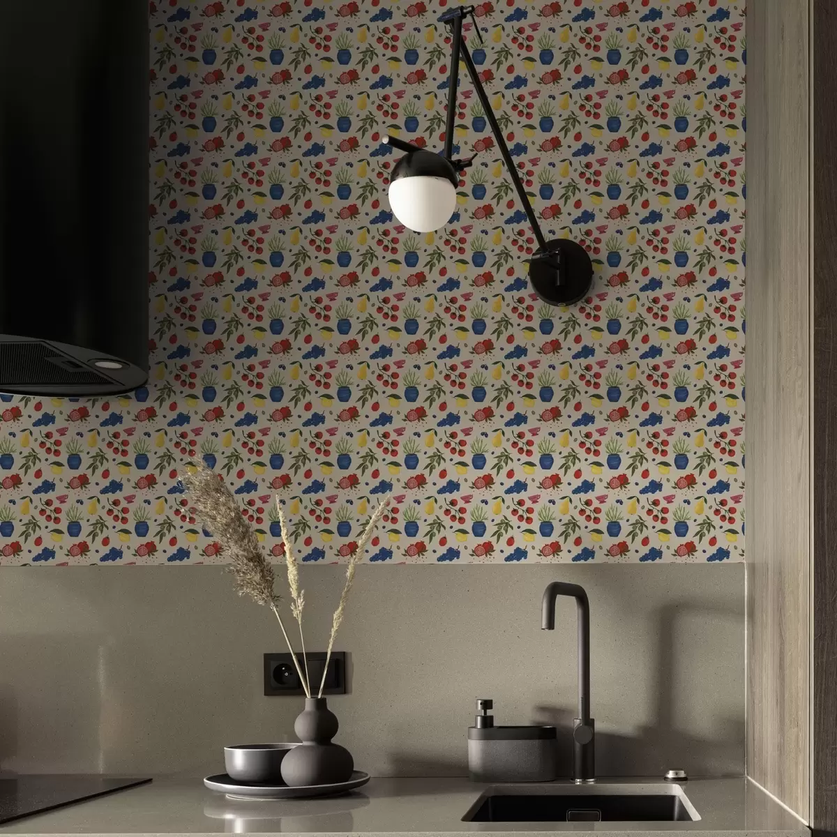 Tapetes Spilgts raksts ar augļiem, zariem un vāzēm a00637