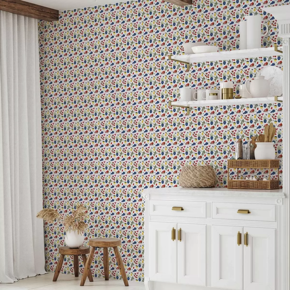 Tapetes Spilgts augļu-botāniskais raksts uz balta fona a00637v1