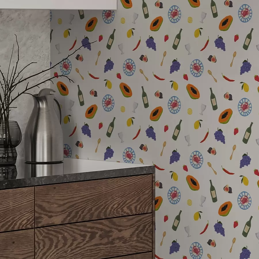 Fototapetes Sakārtoti augļi, vīns un garšvielas uz gaiša fona a00639