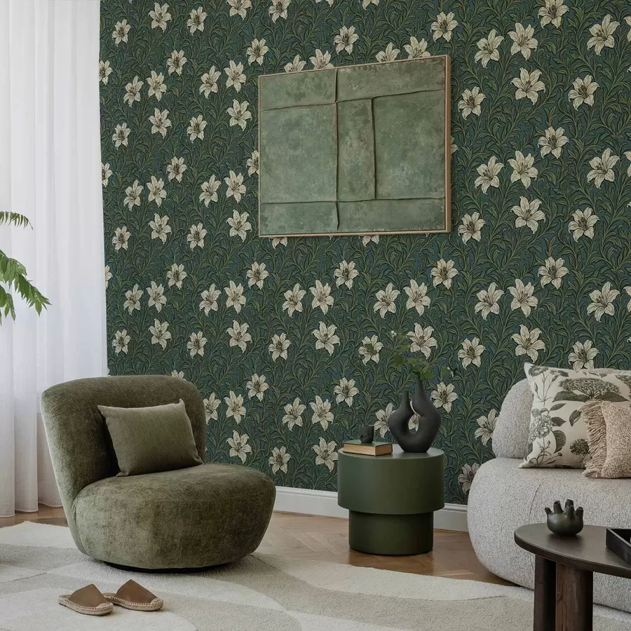 Fototapetes Krēmkrāsas lilijas blīvā zaļumā uz tirkīza fona a00645