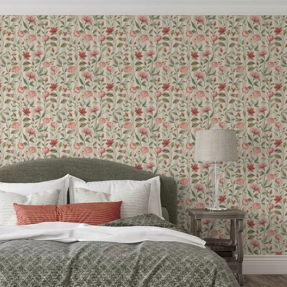 Tapetes Ziedu stublāji ar tauriņiem uz gaiša fona a00698