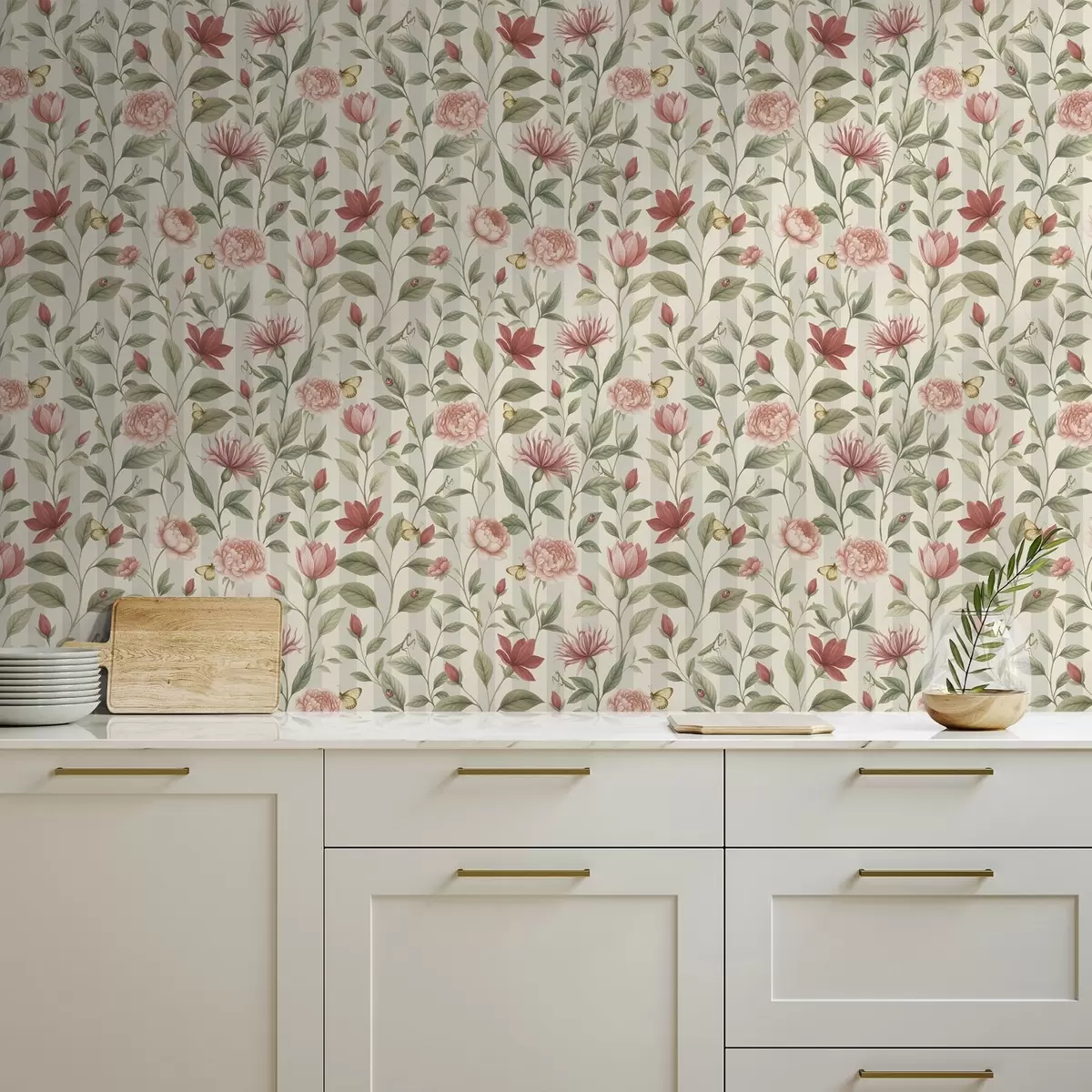 Tapetes Ziedu stublāji ar tauriņiem uz gaiša fona a00698