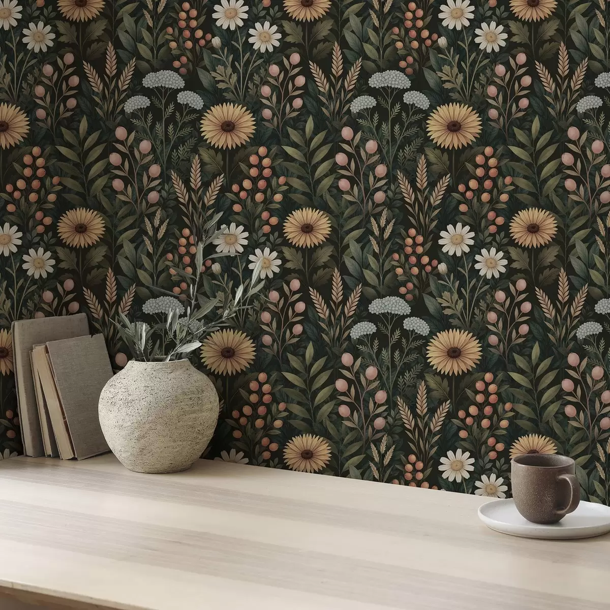 Tapetes Mežrozītes un ogas uz tumša fona, dabas ornamentu a00707