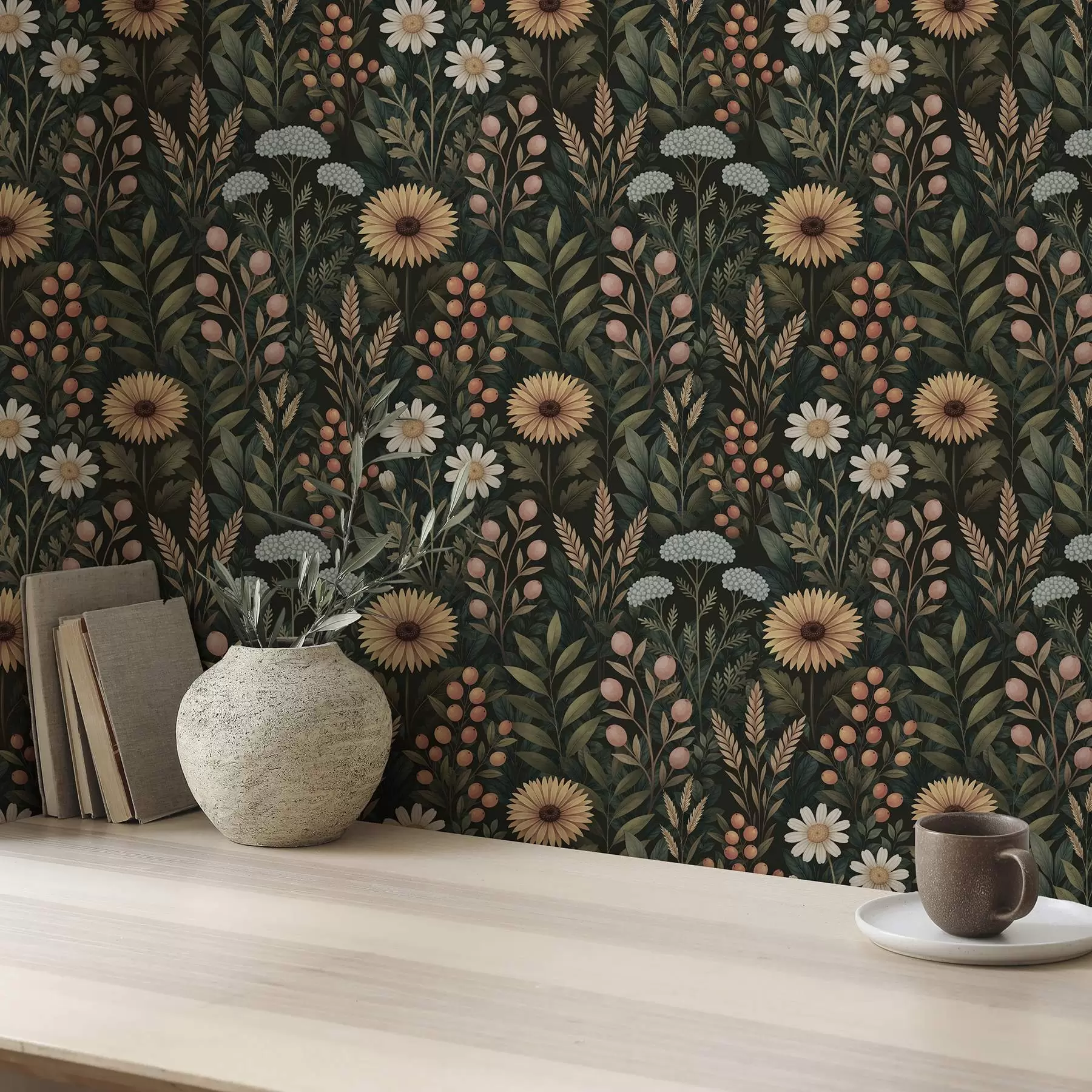 Fototapetes Mežrozītes un ogas uz tumša fona, dabas ornamentu a00707