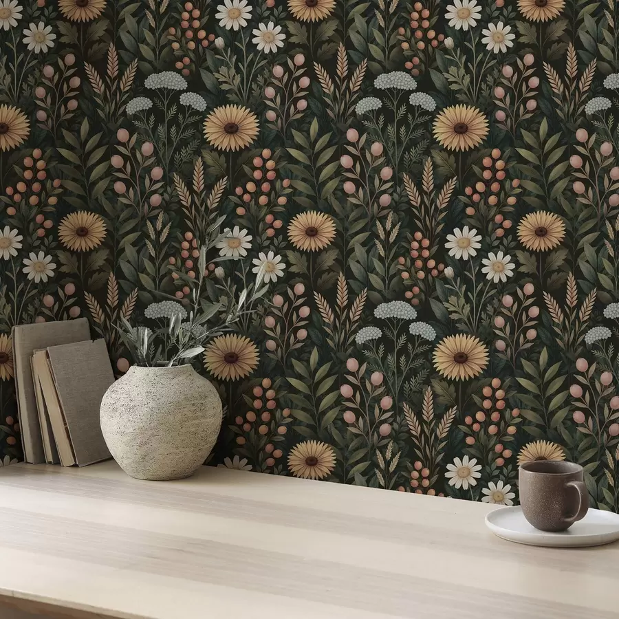 Fototapetes Mežrozītes un ogas uz tumša fona, dabas ornamentu a00707