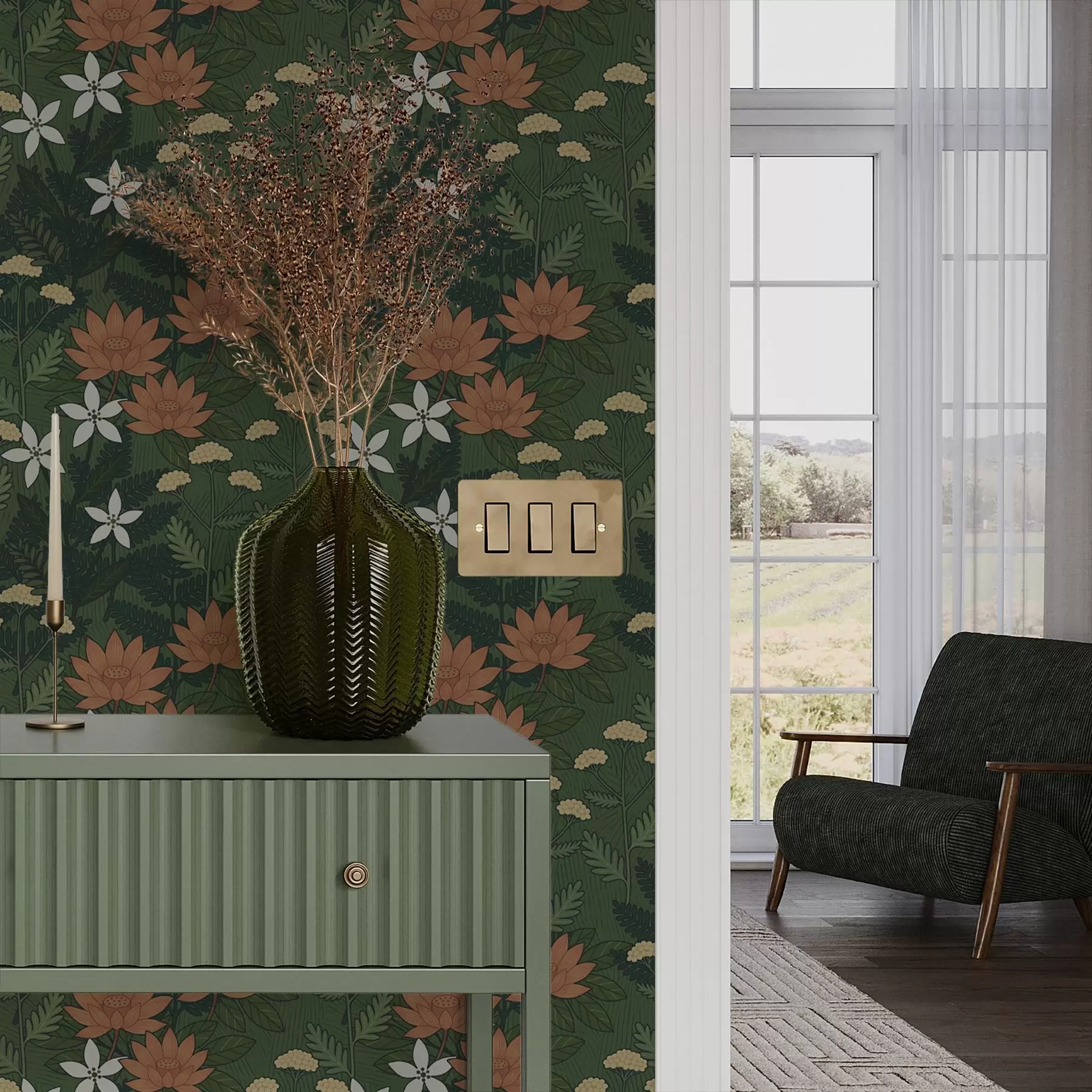 Fototapetes Lieli ziedi starp zaļajām lapām, dekoratīva kompozīcija a00708