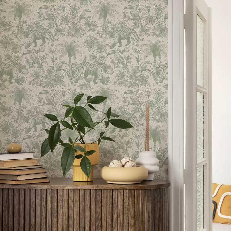 Fototapetes Tīģeri un tropu putni palmu koku vidū uz gaiša fona a00711