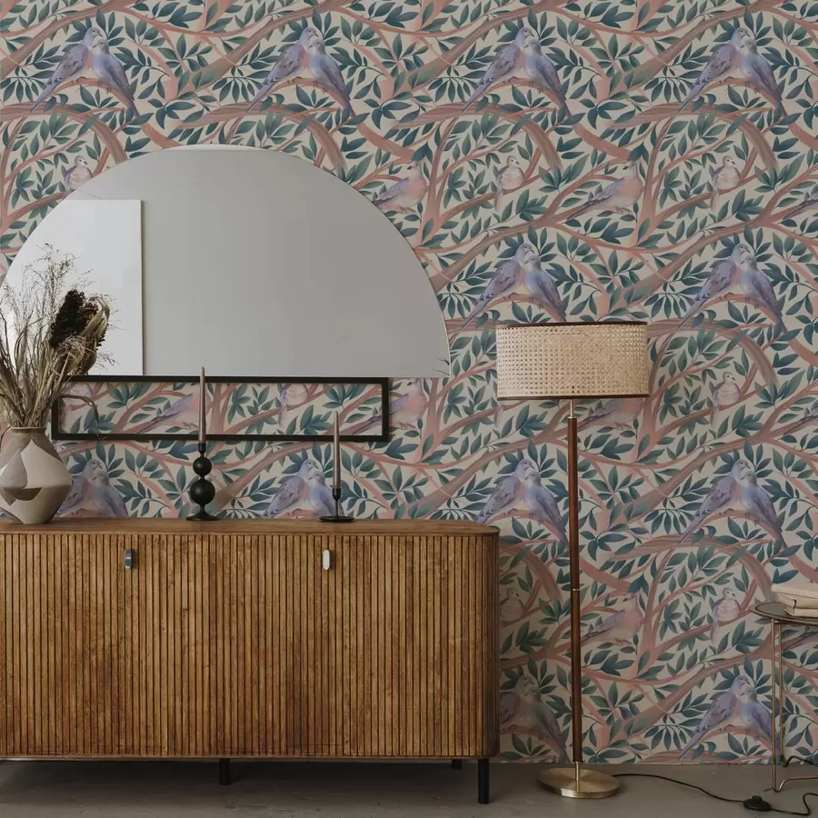 Fototapetes Baloži starp zariem un lapām maigā pasteļu krāsu gamā a00796